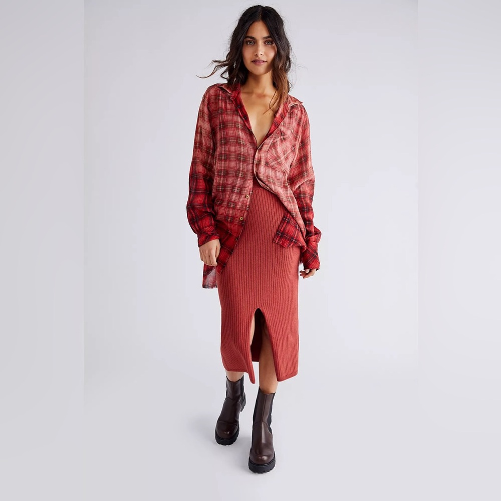 Free People Grunge Plaid Shirt Ombre’ Raw Hem Oversized‎ Red XS